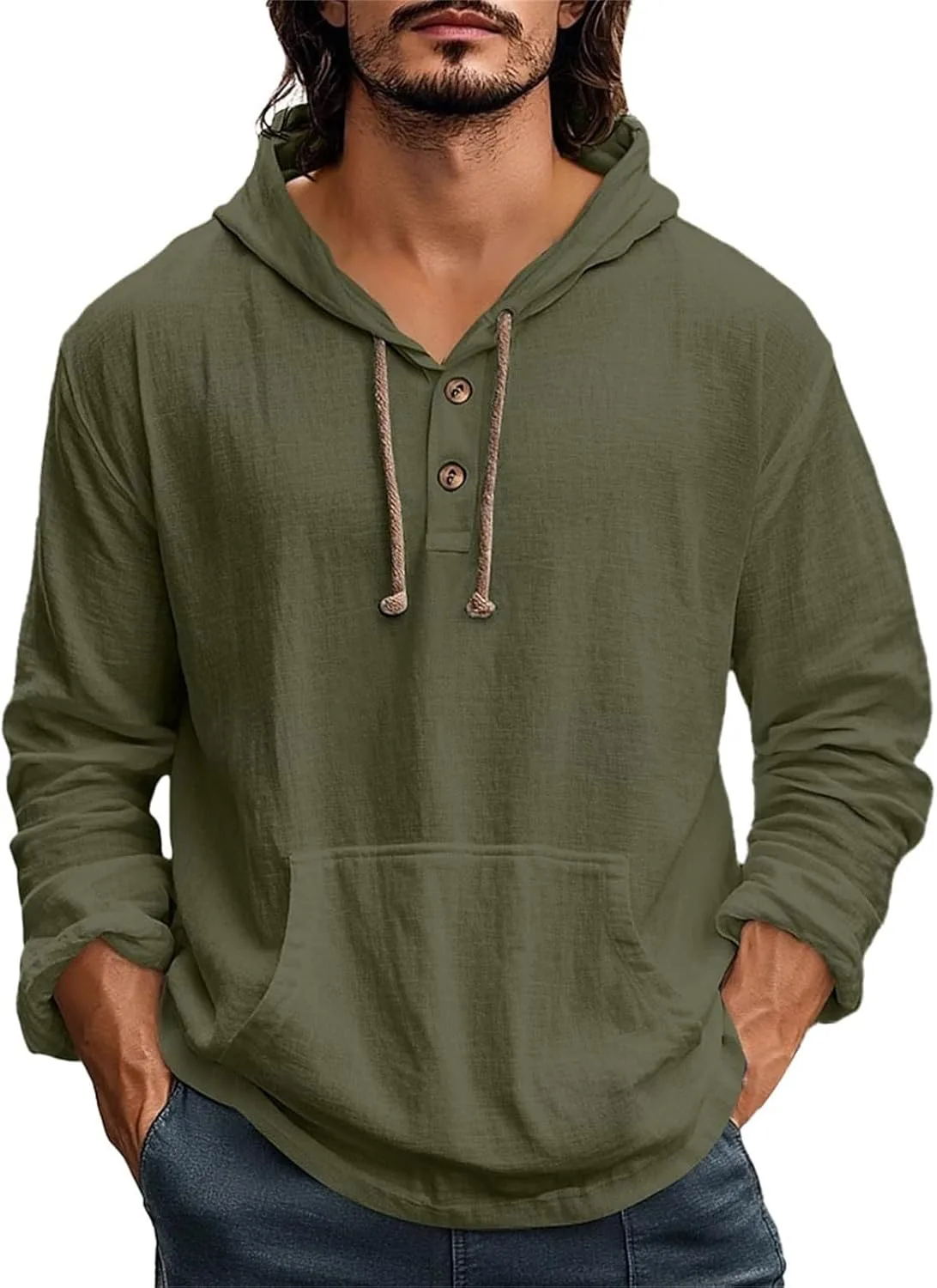 

Мужская хлопковая худи с карманом на пуговицах, длинный рукав, свободный крой