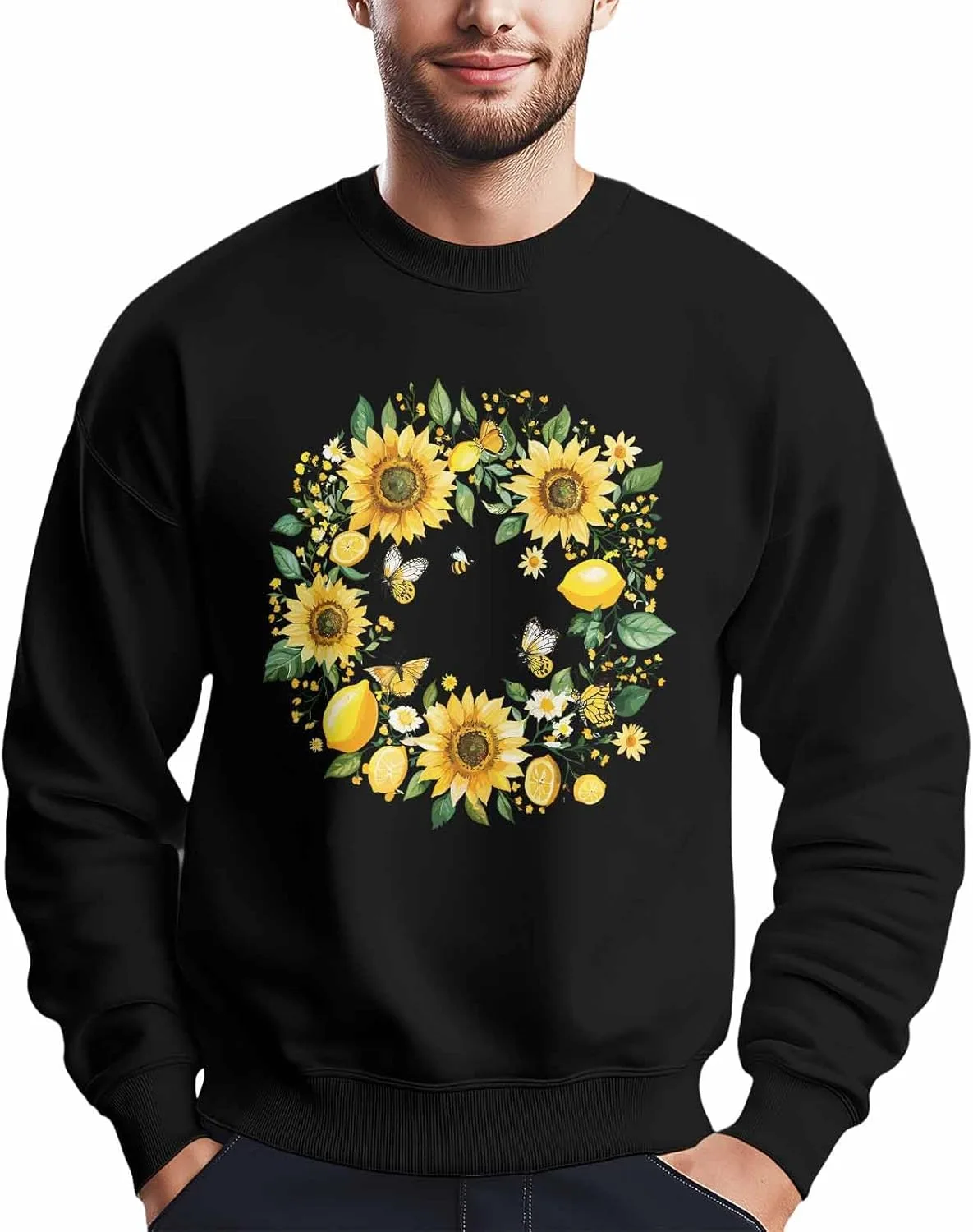 

Мужской свитшот с принтом желтой бабочки и подсолнуха, Crewneck, Long Sleeve Winvebermior