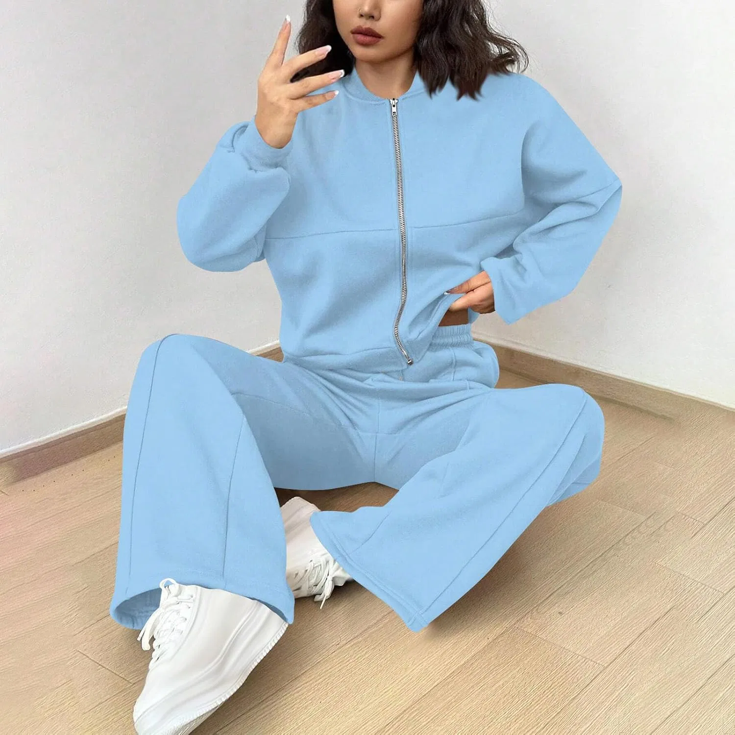 Женский спортивный костюм с курткой и широкими штанами A#01 Sky Blue — фото 4