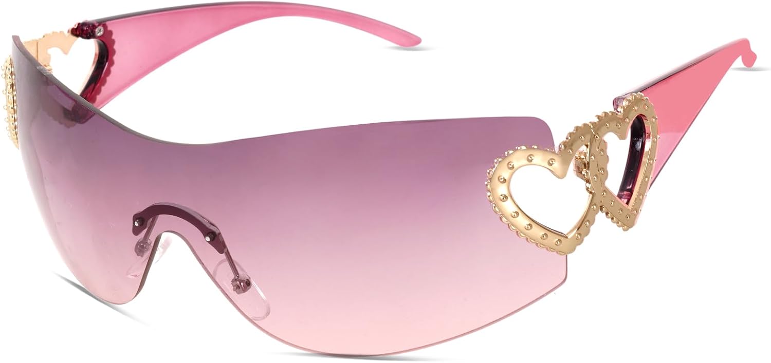 

Солнцезащитные очки Y2K с обтекаемой оправой, модные, в форме щита, с серебристым сердечком, в стиле 2000-х, без оправы, для женщин и мужчин JTYKUYR, Grey Pink Frame/Grey Pink Lens