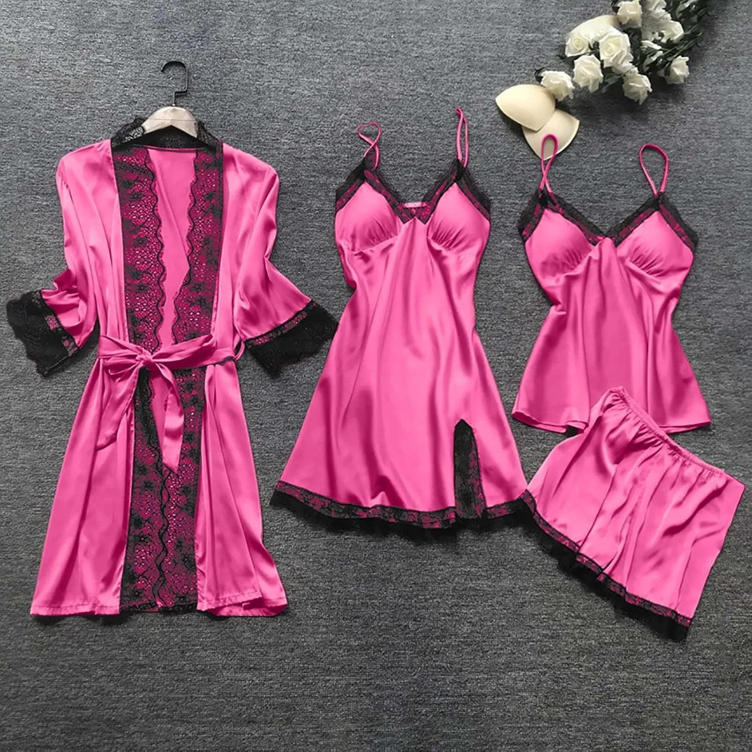 Комплект пижамы из шелкового сатина с кружевом, Hot Pink — фото 2