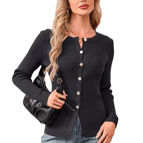 

Женский вязаный кардиган с металлическими пуговицами, разрезом по подолу и круглым вырезом, мягкий и удобный Clearflower, Black