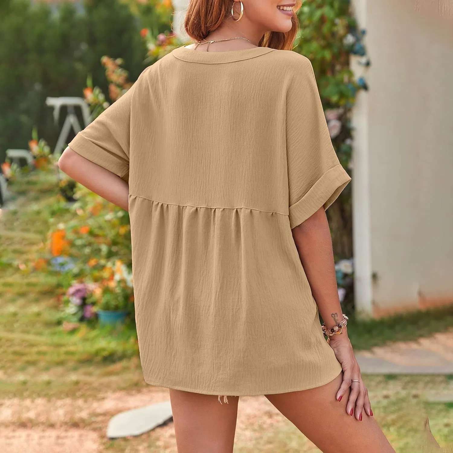 Топ женский, свободный, V-образный вырез, короткий рукав, Oversize, Khaki — фото 3