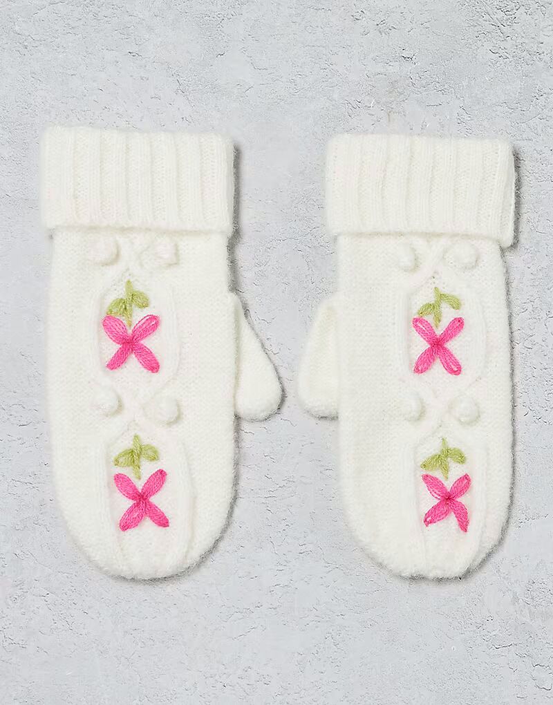 

Вязаные перчатки с вышивкой в виде кос кремового цвета Miss Selfridge