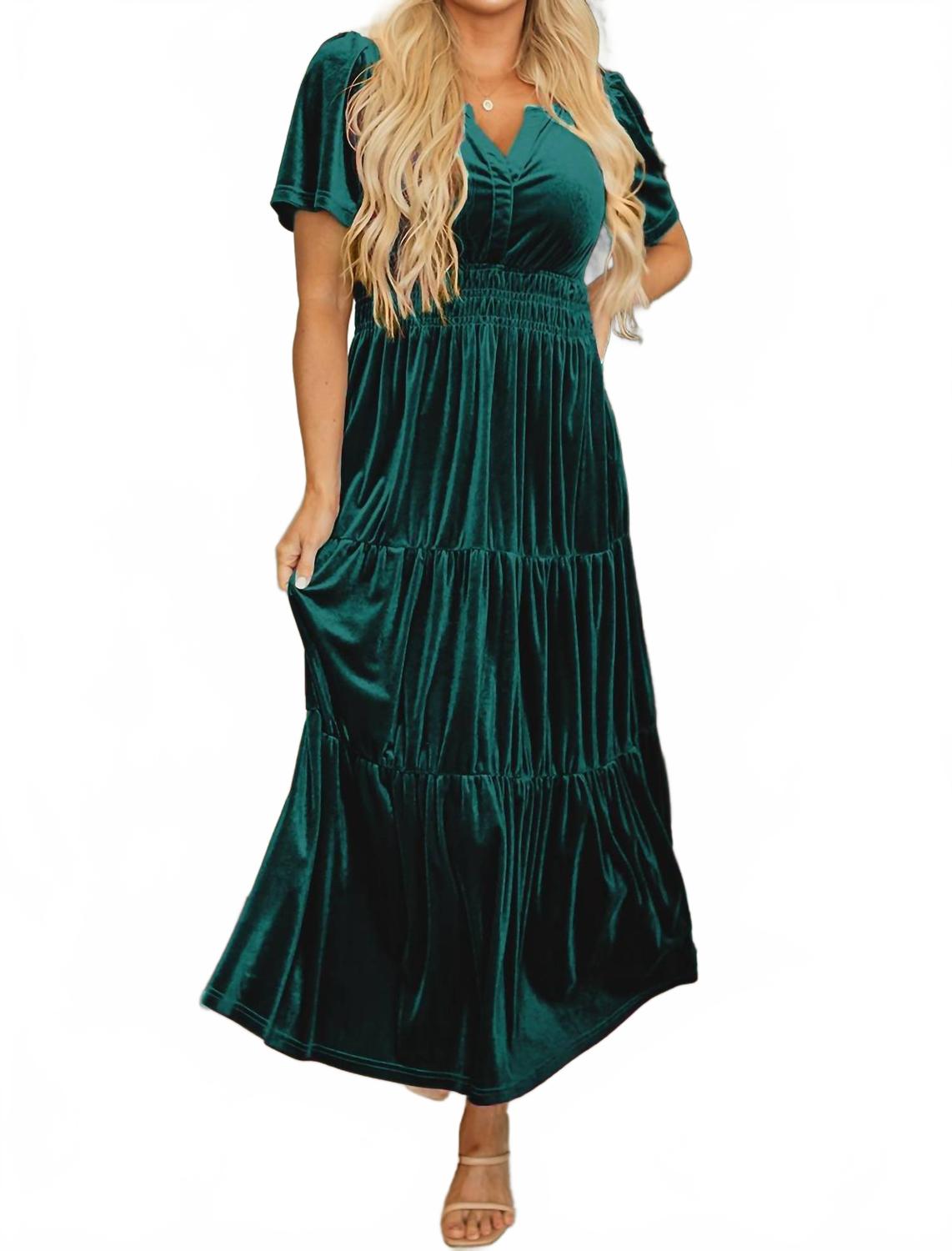 

Велюровое платье макси с короткими рукавами, сборкой на талии и ярусами в цвете Evergreen Dear lover