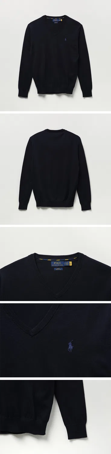 Мужской хлопковый свитер с V-образным вырезом, тёмно-синий, от Polo Ralph Lauren — фото 3