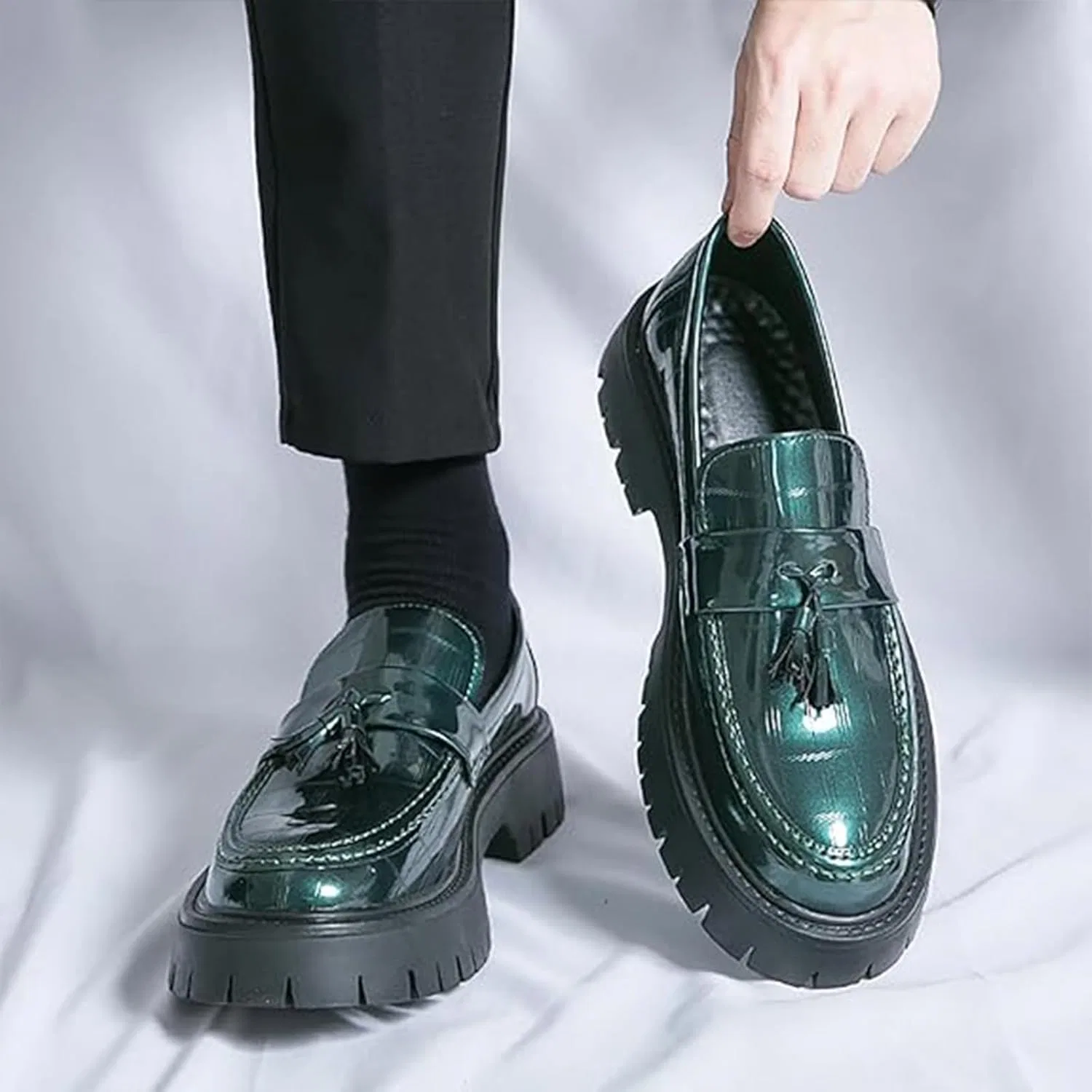Лоферы мужские Patent Leather Platform, Green Xinduoyu — фото 2