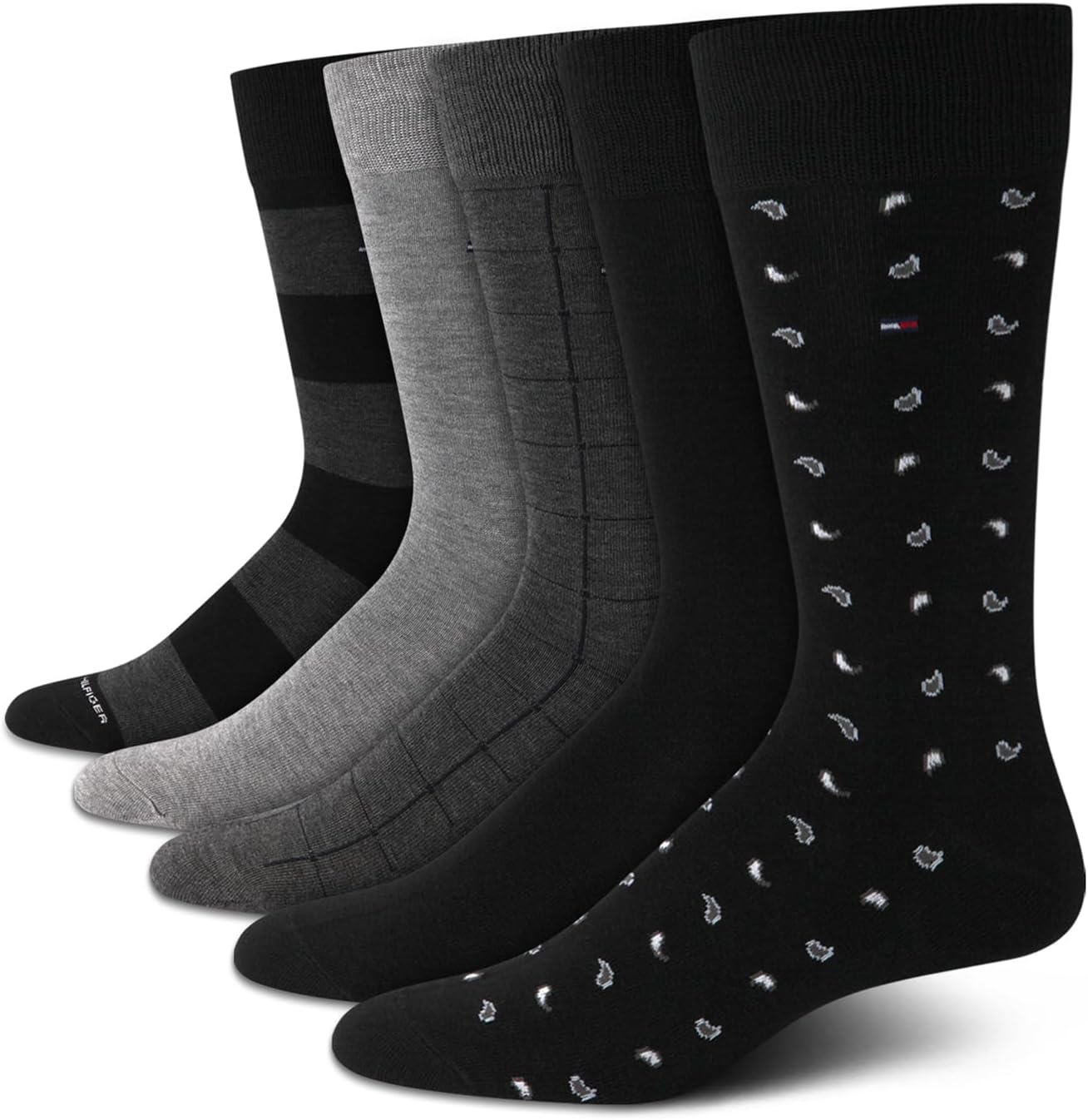 

Мужские носки Tommy Hilfiger под повседневную одежду - 5 пар легких, комфортных, с узором, носков для мужчин - длинные рабочие носки (размер 7-12), Black Grey Assorted