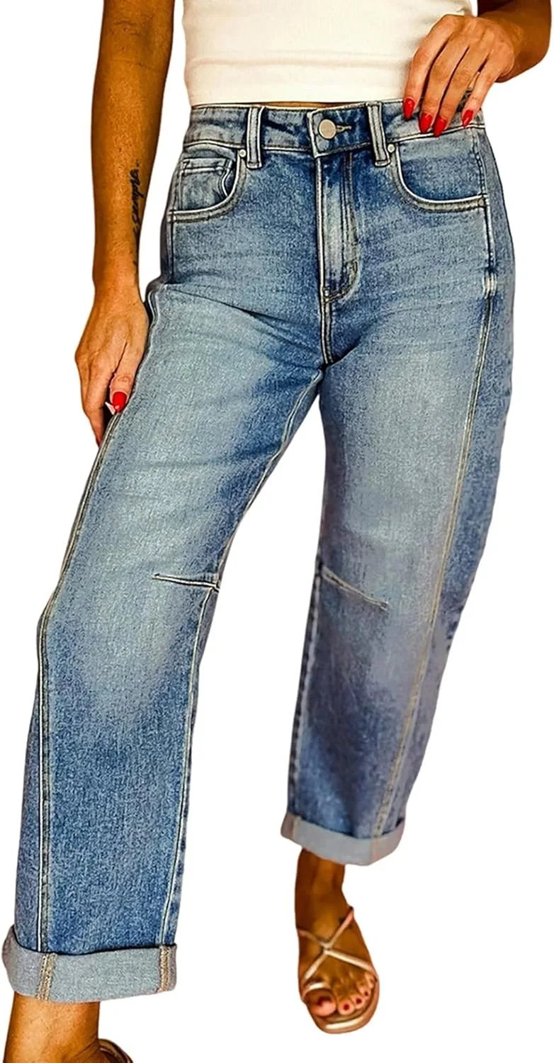 

Женские брюки джинсы Barrel с высокой посадкой и закатанным подолом QLAUYIOE