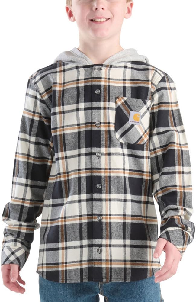 

Carhartt Kid's CE8212 фланелевая рубашка с длинным рукавом, капюшоном и застежкой на пуговицах - для мальчиков, Caviar Black