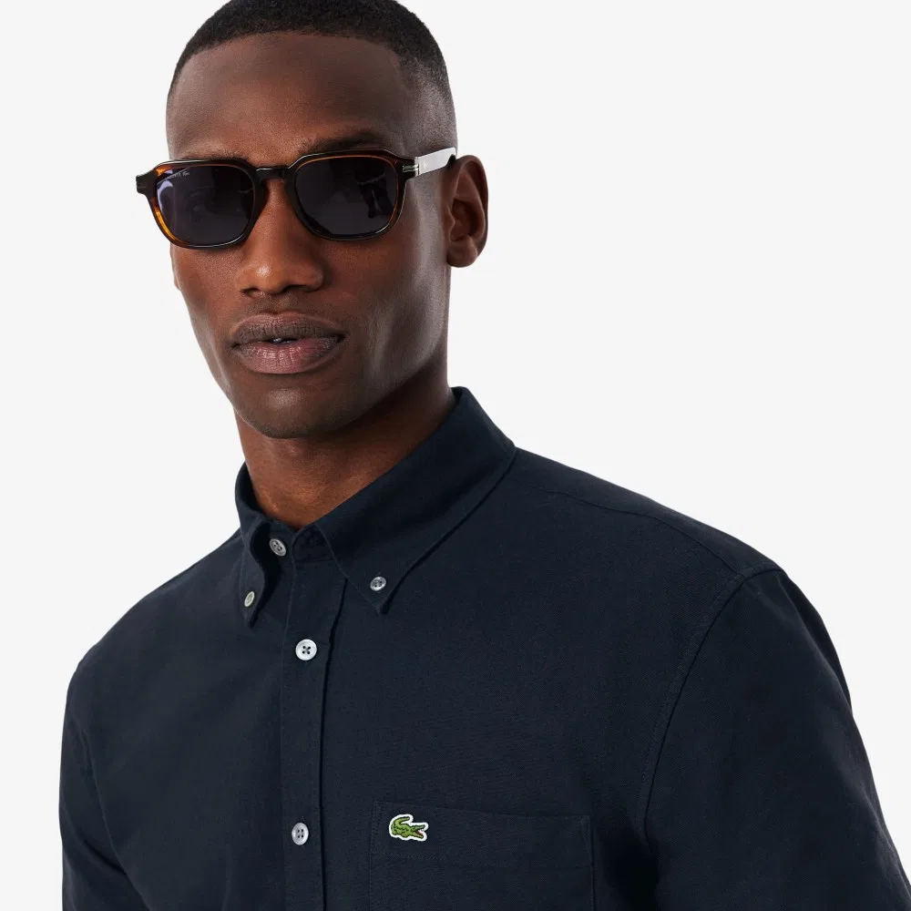 Мужская рубашка оксфорд с коротким рукавом тёмно-синего цвета от Lacoste — фото 2