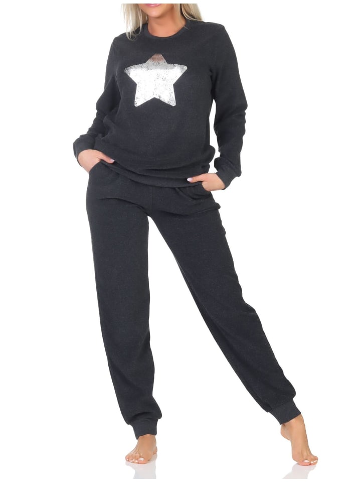

NORMANN Пижама из махровой ткани с длинными рукавами, манжетами и звездами, антрацитового цвета