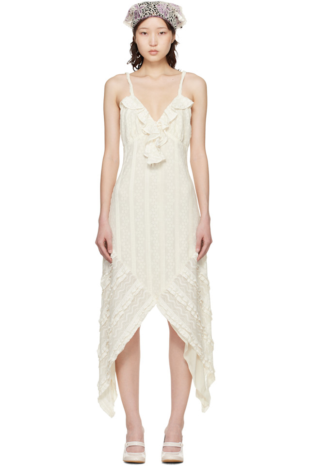 

Anna Sui Платье-Миди цвета слоновой кости с цветочным принтом и оборками из эластичного кружева