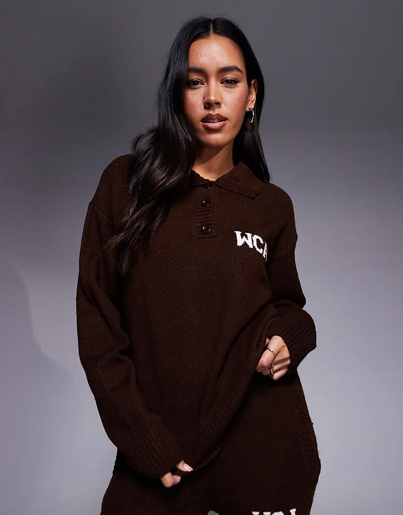 

ASOS Weekend Collective вязаный регби с университетским принтом в шоколадном цвете