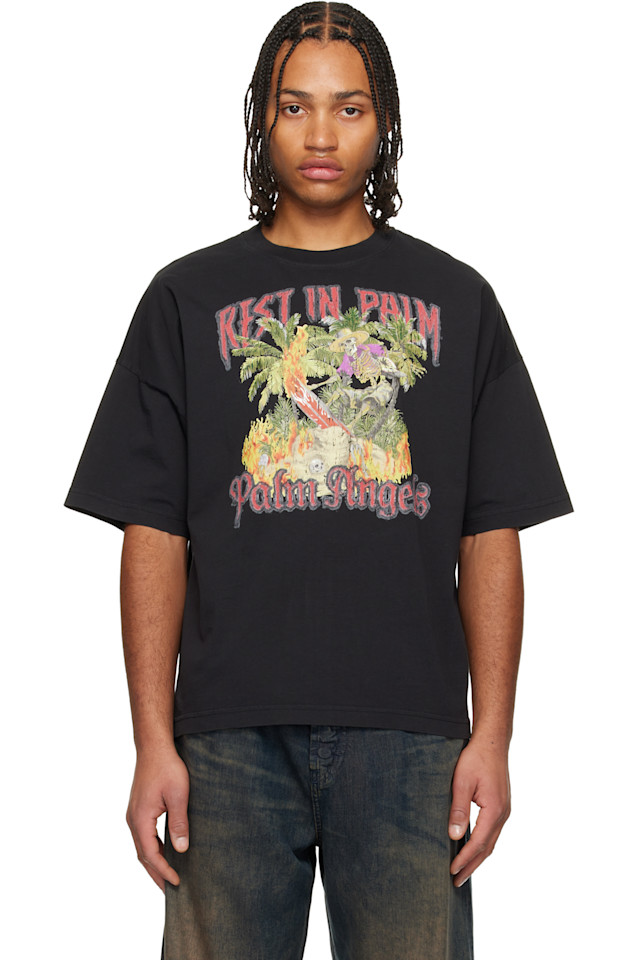 

Palm Angels Черная свободная футболка с надписью «Отдых на ладони»