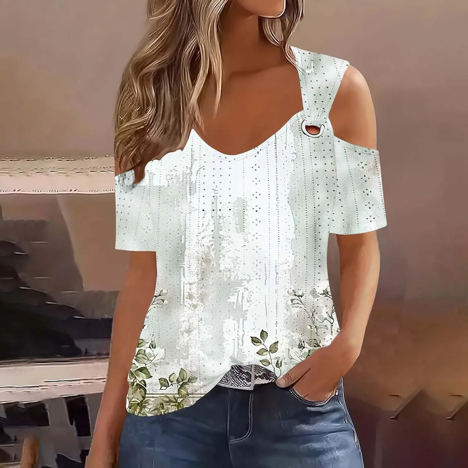 Женская блуза с открытыми плечами, Hollow Out Eyelet, короткий рукав, разноцветная — фото 2