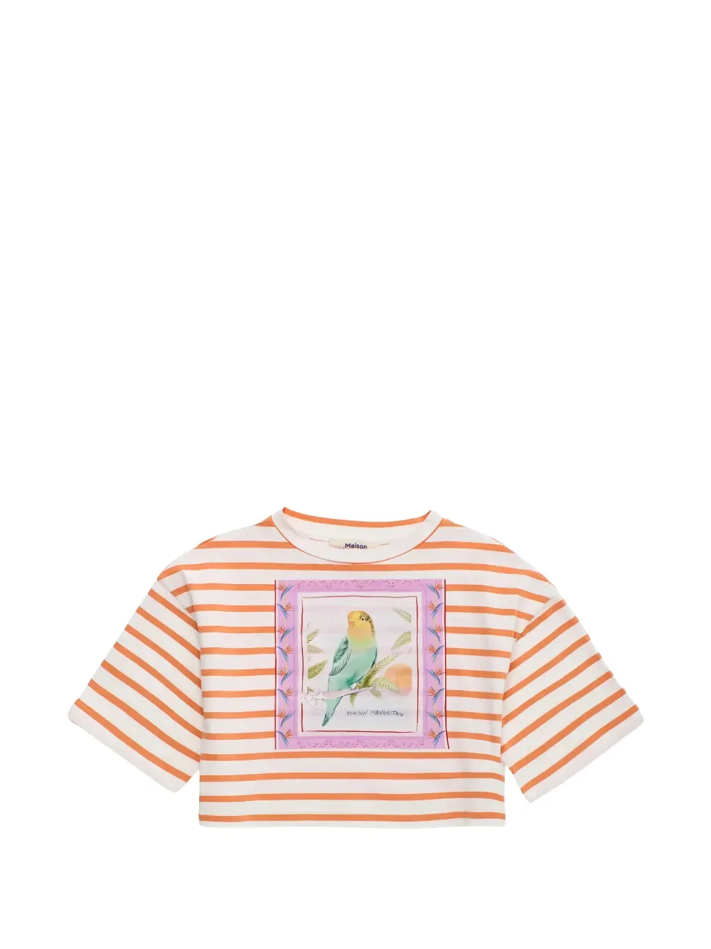 Укороченный топ в полоску с принтом птиц Maison Mangostan Kids, белый