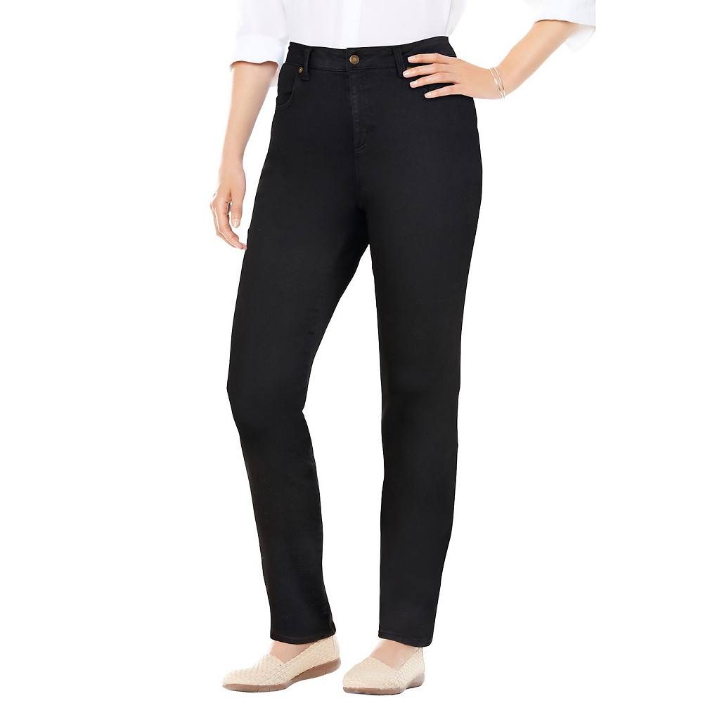 

Женщина в женских джинсах прямого кроя размера плюс Petite Comfort Curve Woman Within, цвет Black Denim