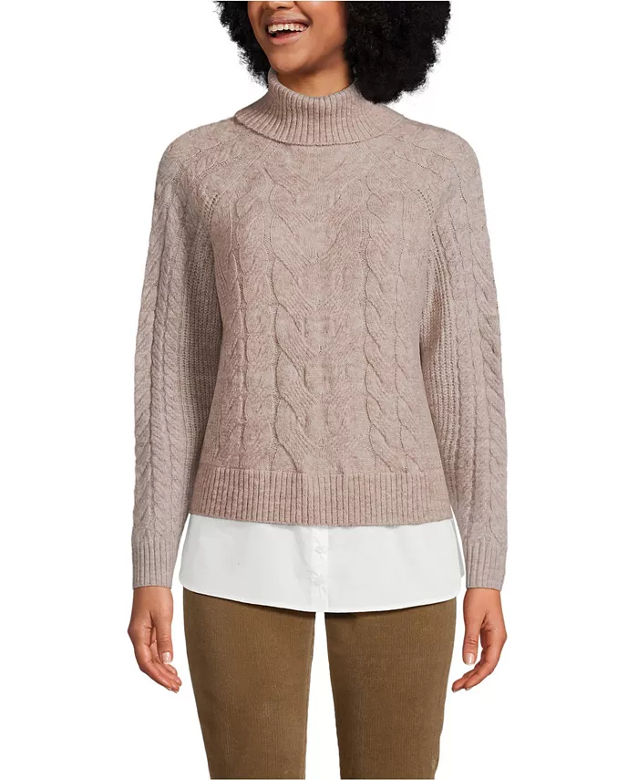 

Женская водолазка с косами и имитацией рубашки Lands' End, коричневый/бежевый