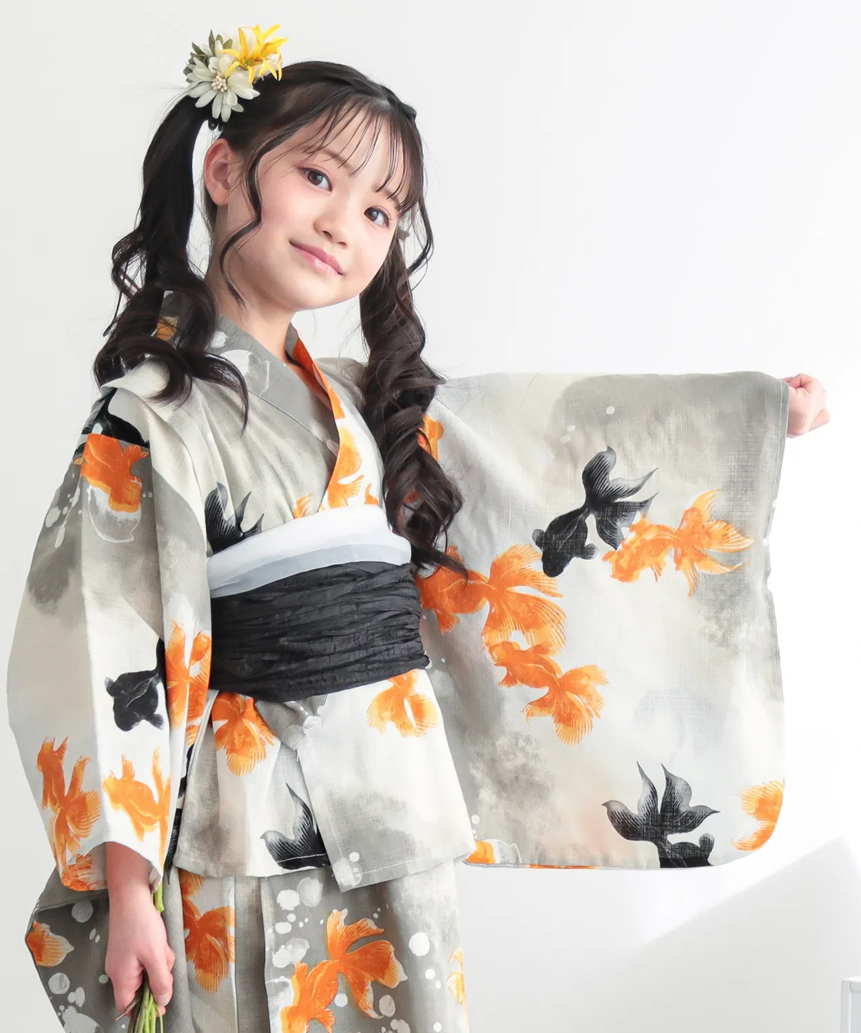Детский раздельный комплект юката 3 предмета, KIMONOMACHI, 120-150 см, чёрный с красным