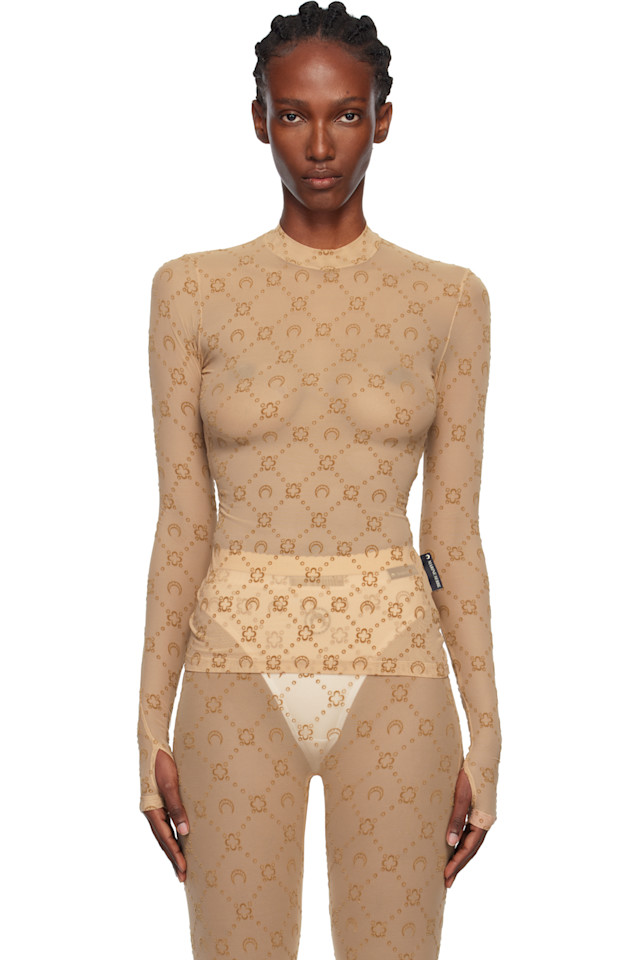 

Marine Serre Бежевый топ с высоким воротником из переработанной сетчатой ткани с бархатным покрытием, облегающий фигуру