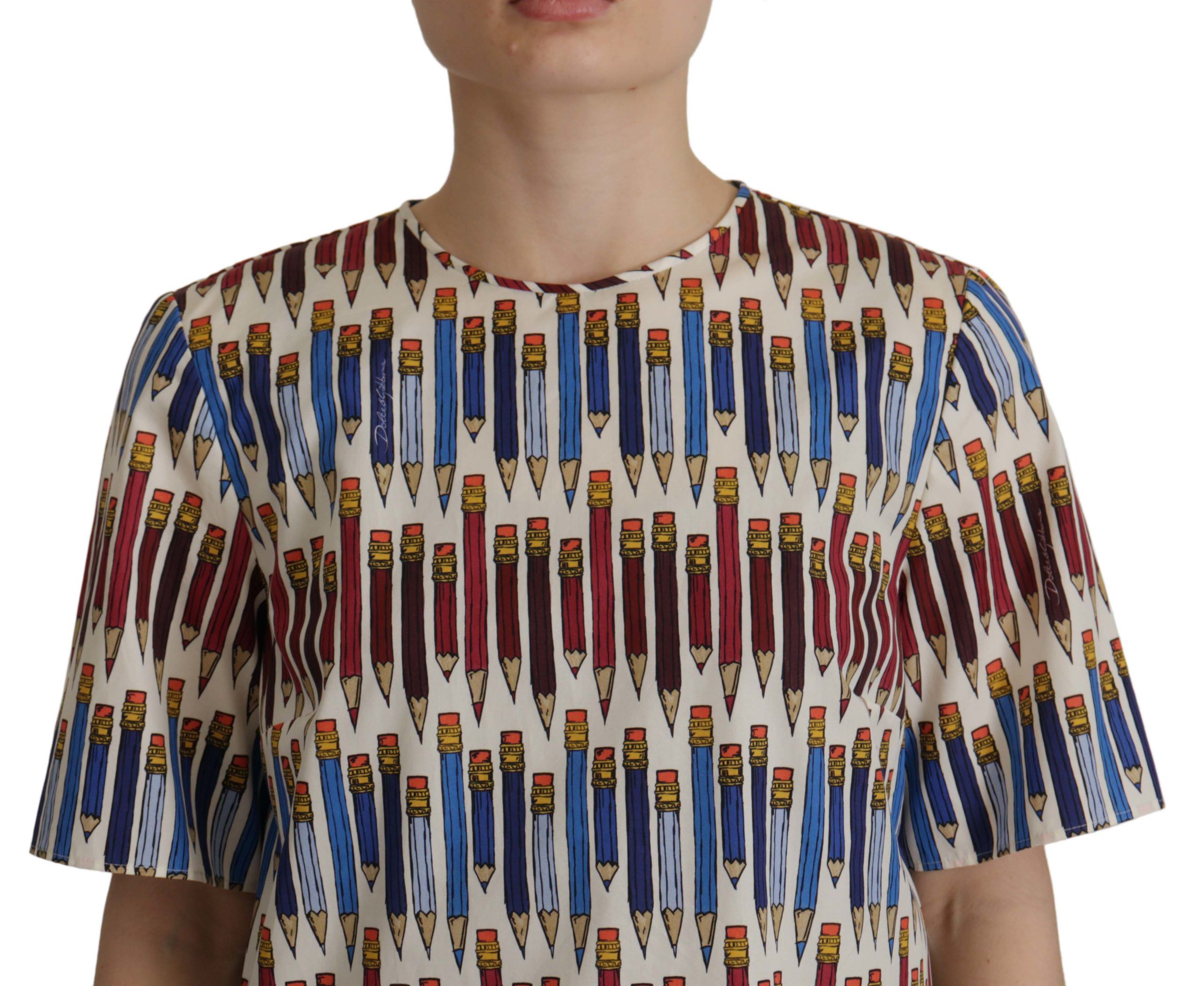 Шикарная белая блузка с коротким рукавом и принтом карандаша Dolce & Gabbana — фото 4