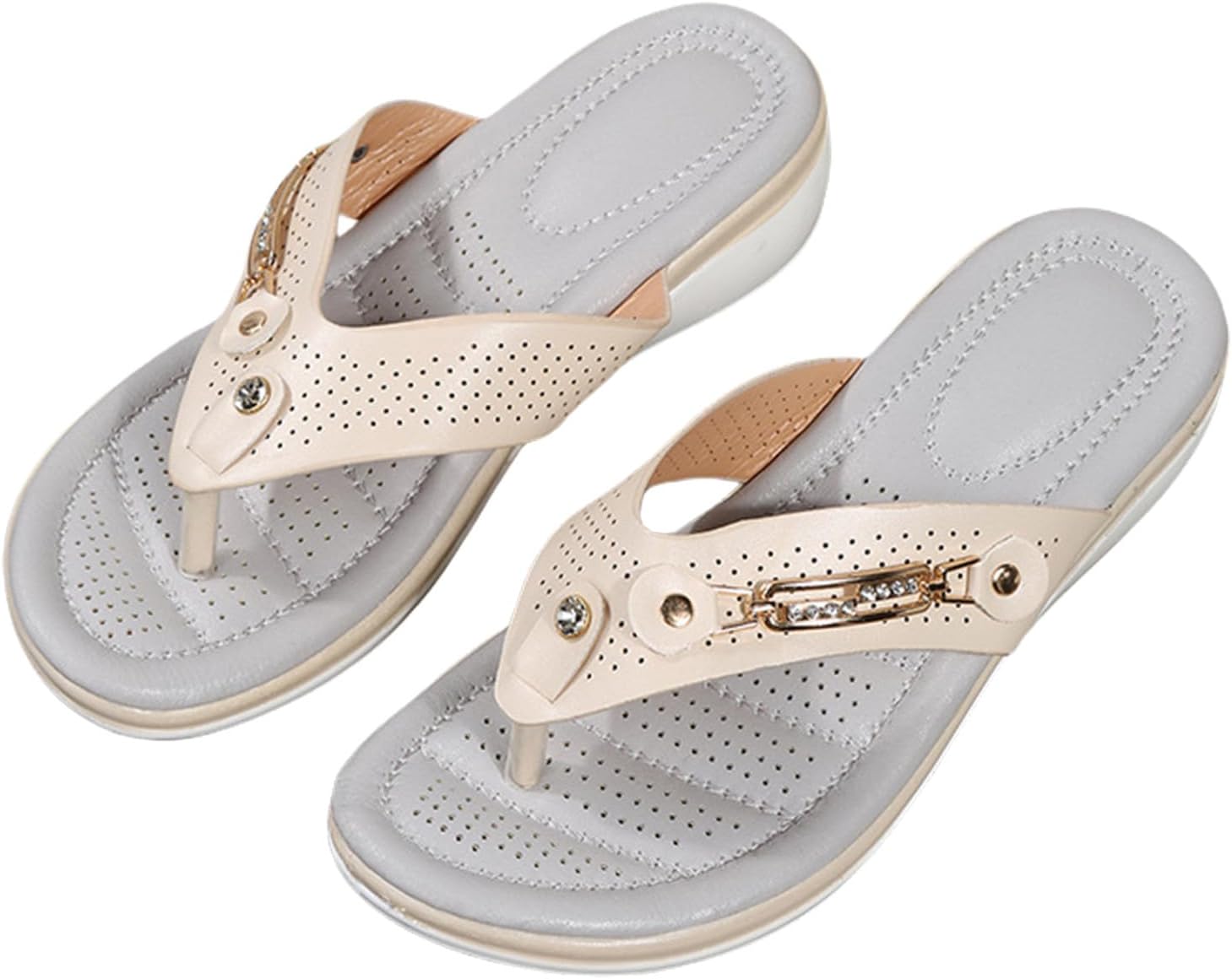

Летние женские шлепанцы модного дизайна с наклонным каблуком, металлической пряжкой, повседневные удобные с низкой танкеткой, легкие, нескользящие, пляжные открытые с поддержкой свода стопы Kajxz, бежевый