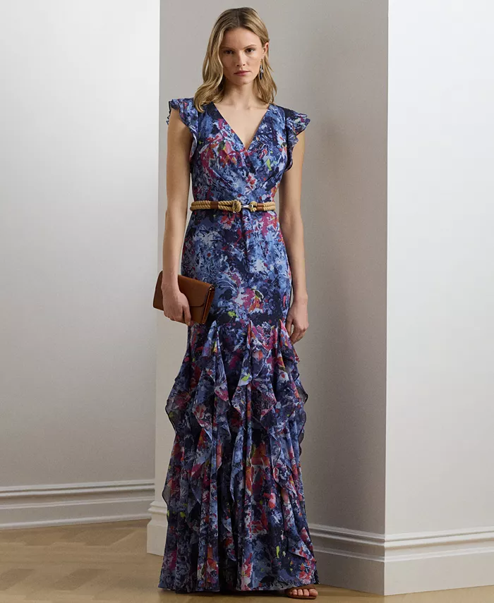 

Женское платье из креп-жоржета с принтом и оборками Lauren Ralph Lauren, синий