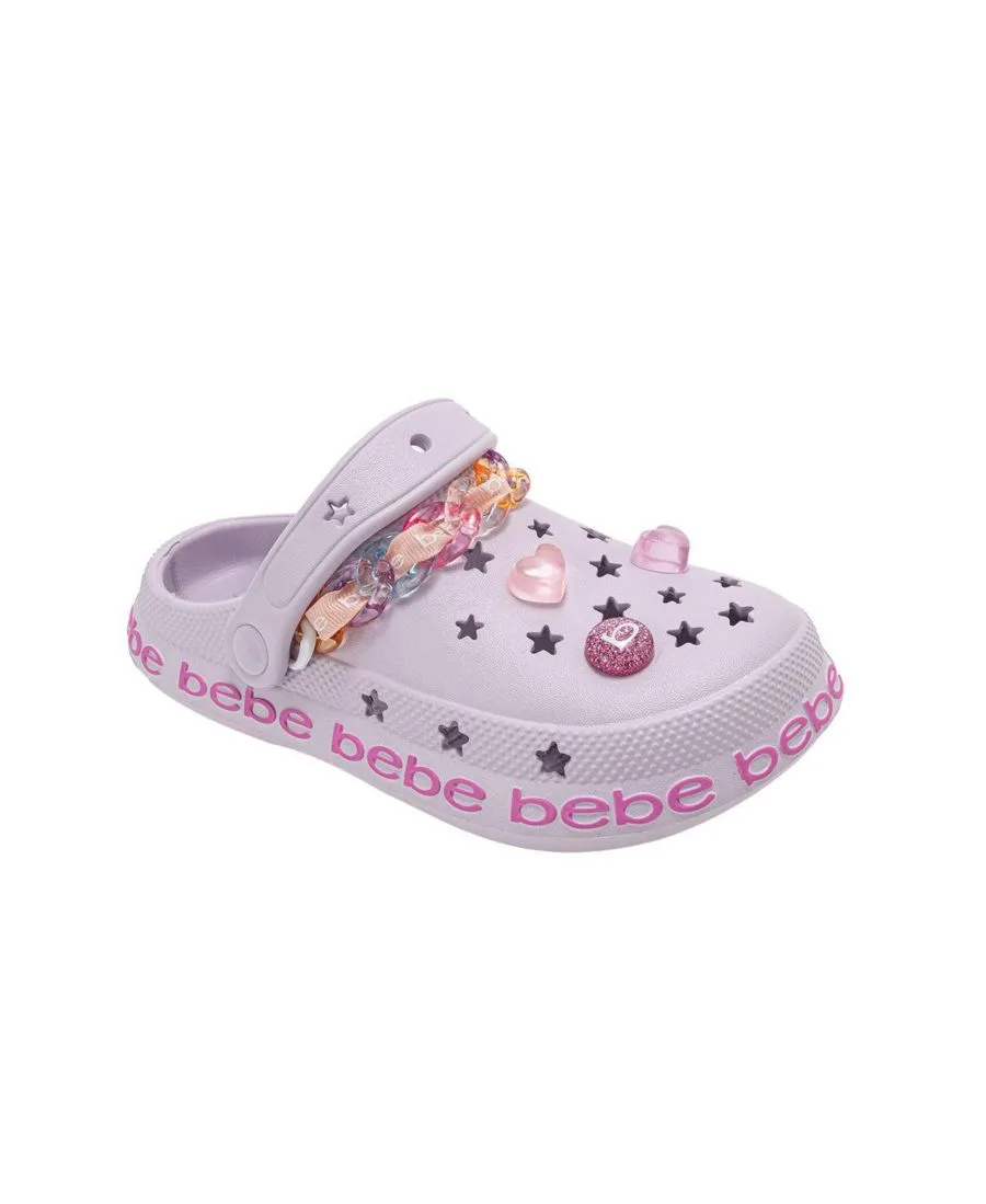 Детские сабо из ЭВА с цепочкой, лентой из грогрена с логотипом и подвесками Bebe, Lavender