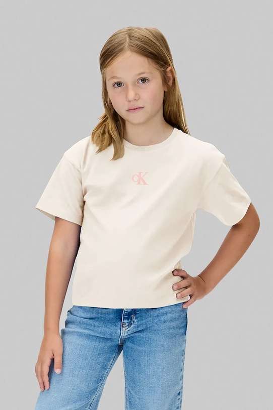 

Детская хлопковая футболка Calvin Klein Jeans, бежевый