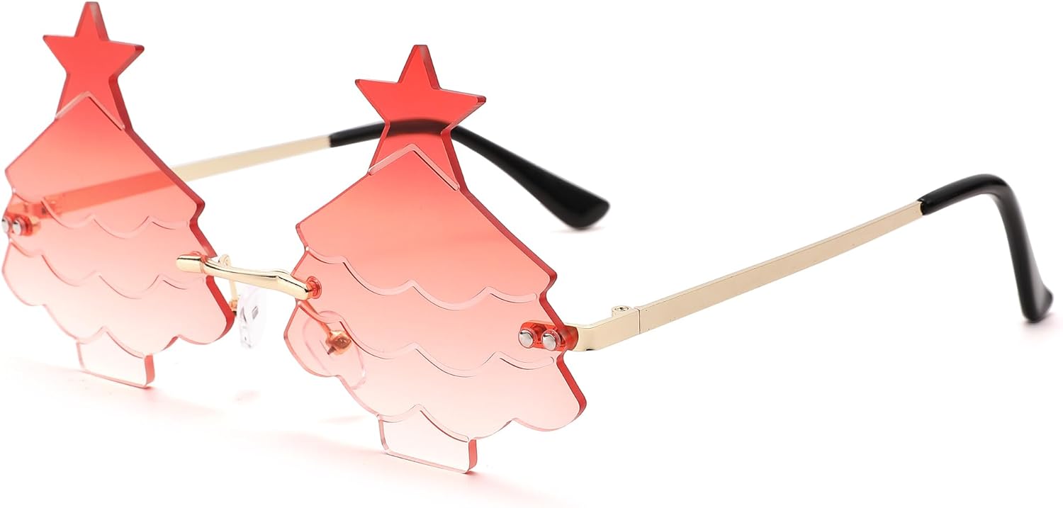 

Солнцезащитные очки Bouryo в форме рождественской елки для женщин и мужчин, без оправы, для рейв-вечеринок и рождественских вечеринок, C4 Gold Frame/Gradient Red Lenes