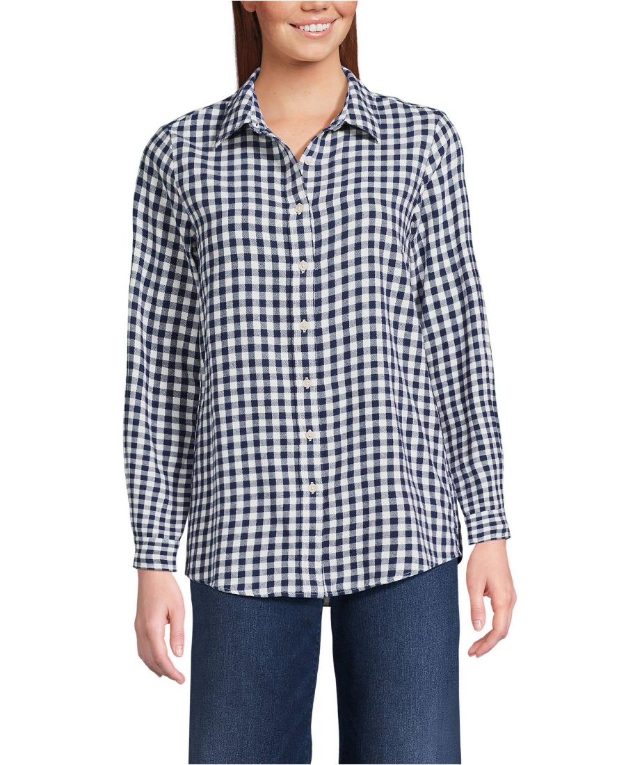 

Женская фланелевая рубашка в стиле "бойфренд" с длинными рукавами Lands' End, Deep sea/ivory mini check