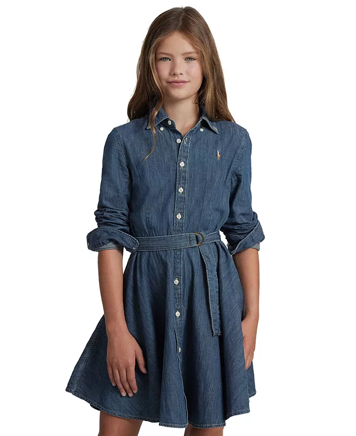 

Джинсовое хлопковое платье-рубашка с поясом для девочек Polo Ralph Lauren, синий