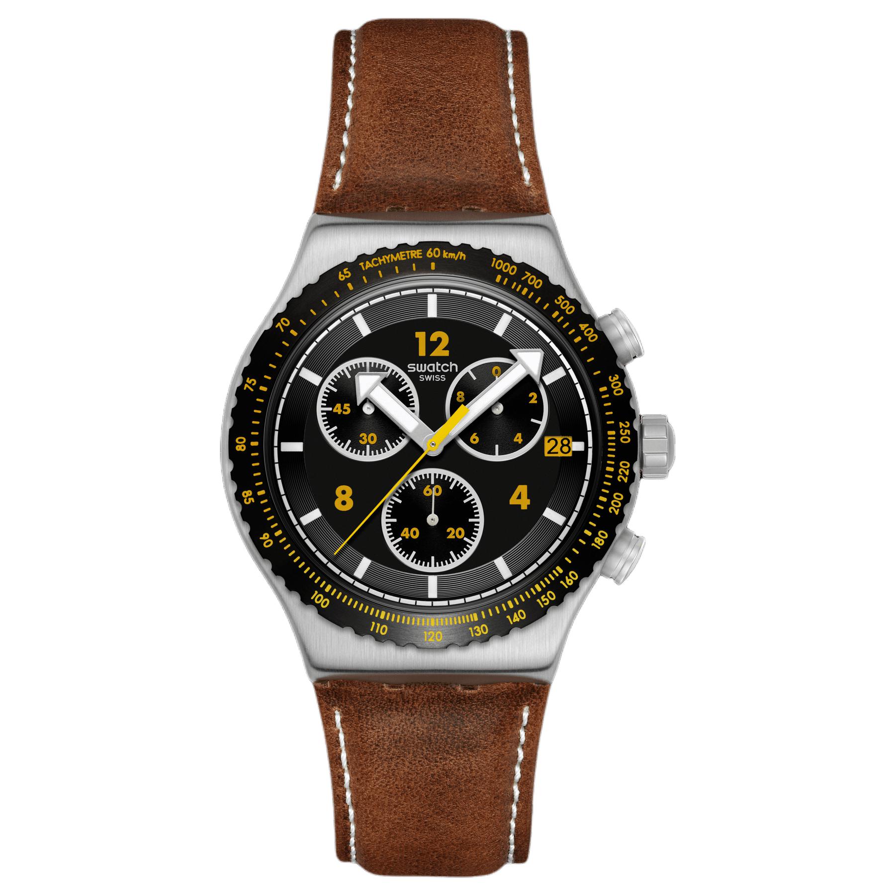 

SWATCH Часы Essentials Collection Quartz Movement Unisex Watch 43mm Black Dial Stainless Steel Case Leather Strap, Black Dial
