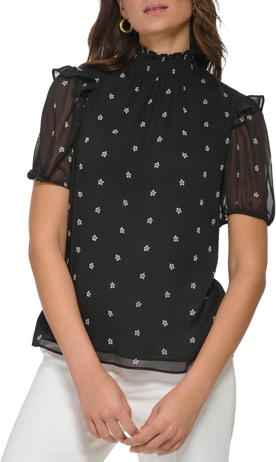 

Женская блузка Tommy Hilfiger с воротником-стойкой и цветочным принтом, спортивные рубашки с коротким рукавом, Black Multi