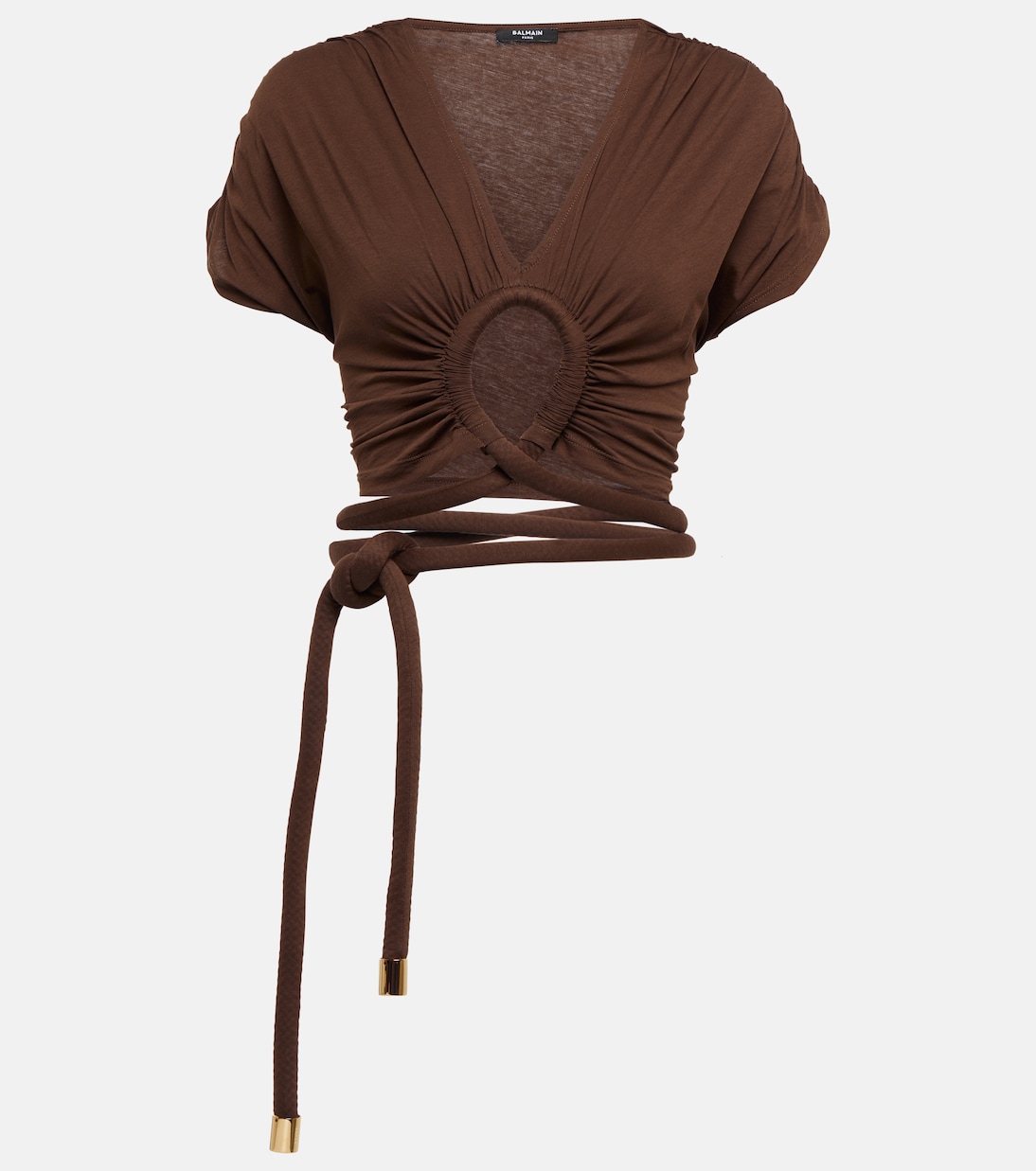 

Топ из джерси с драпировкой и вырезом Balmain, Marron
