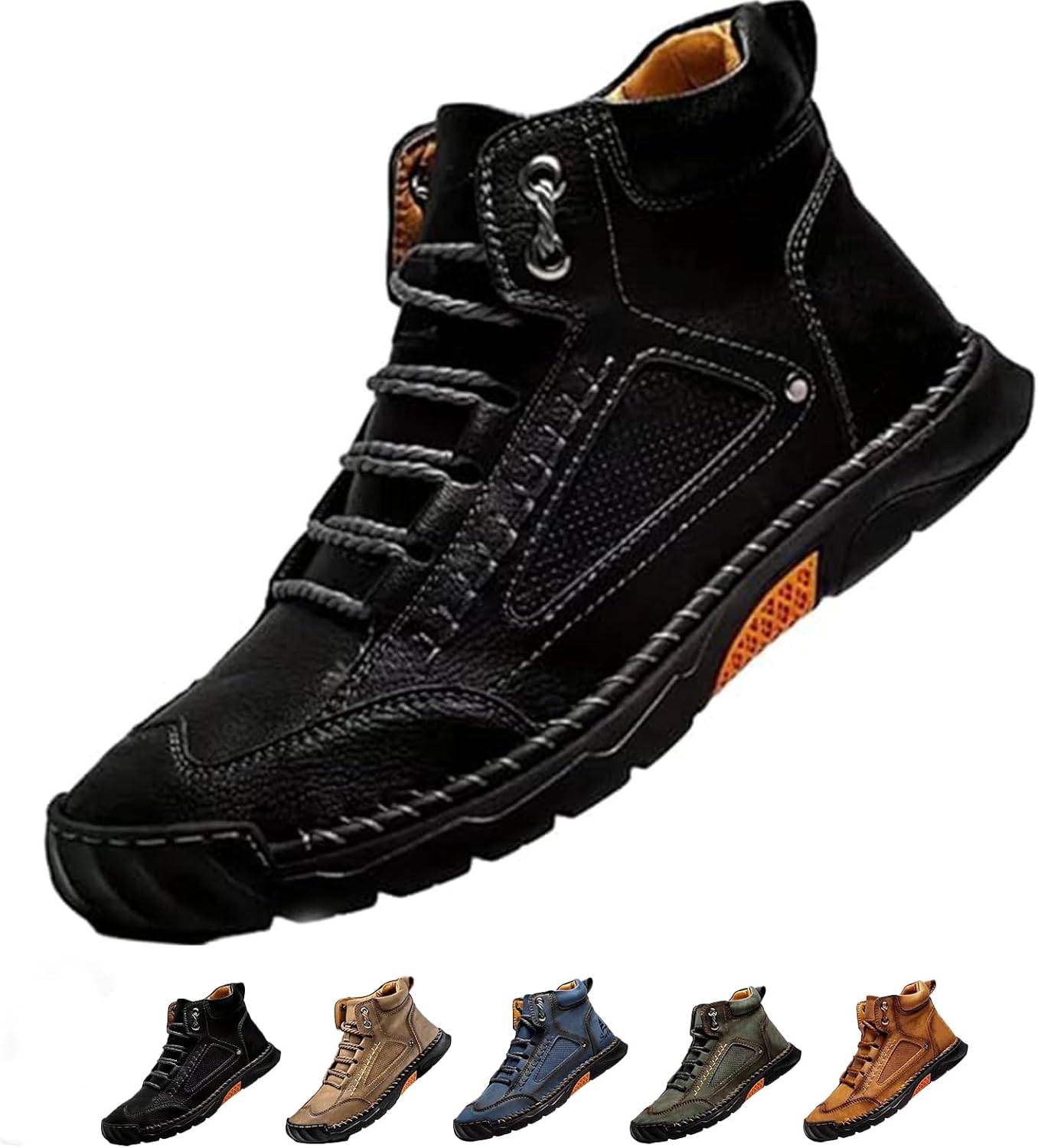 

Мужские удобные кожаные ботинки ручной работы- водонепроницаемые, с поддержкой свода стопы, ручная работа, широкий носок, кожаная обувь для улицы Generic, черный