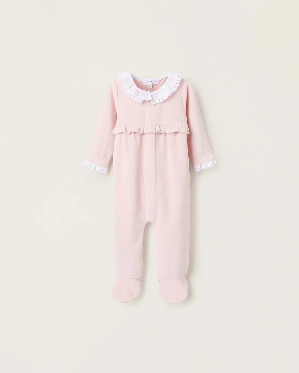 

Бархатный комбинезон для девочки с оборками и английской вышивкой Zippy, цвет Rosa