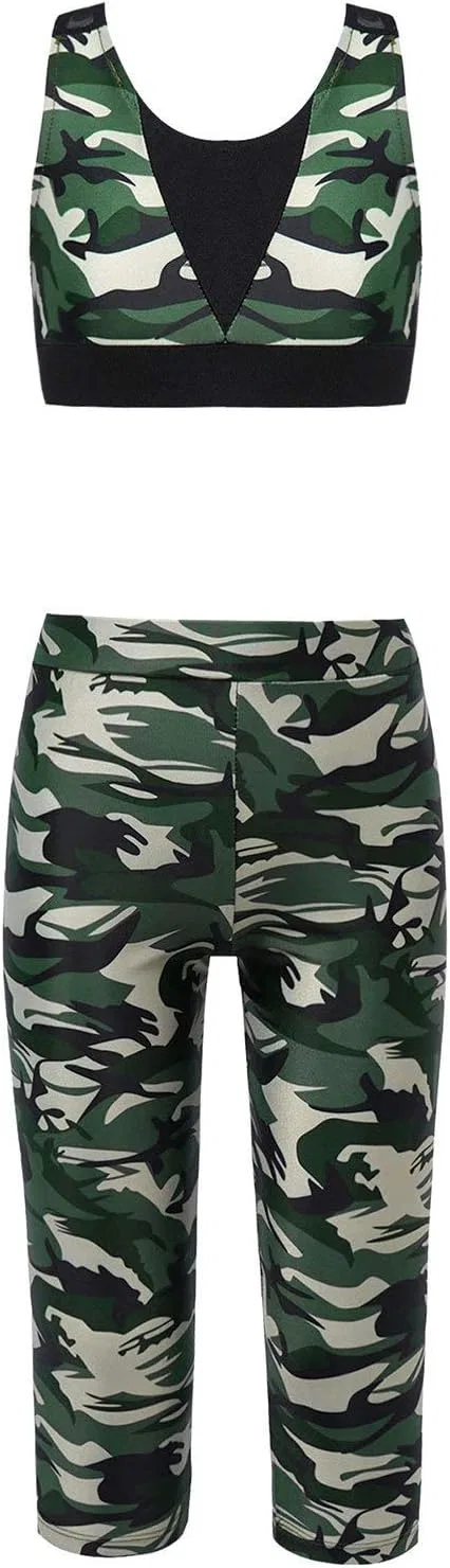 Детский спортивный костюм с камуфляжным принтом YEAHDOR, топ и капри, Camouflage Green