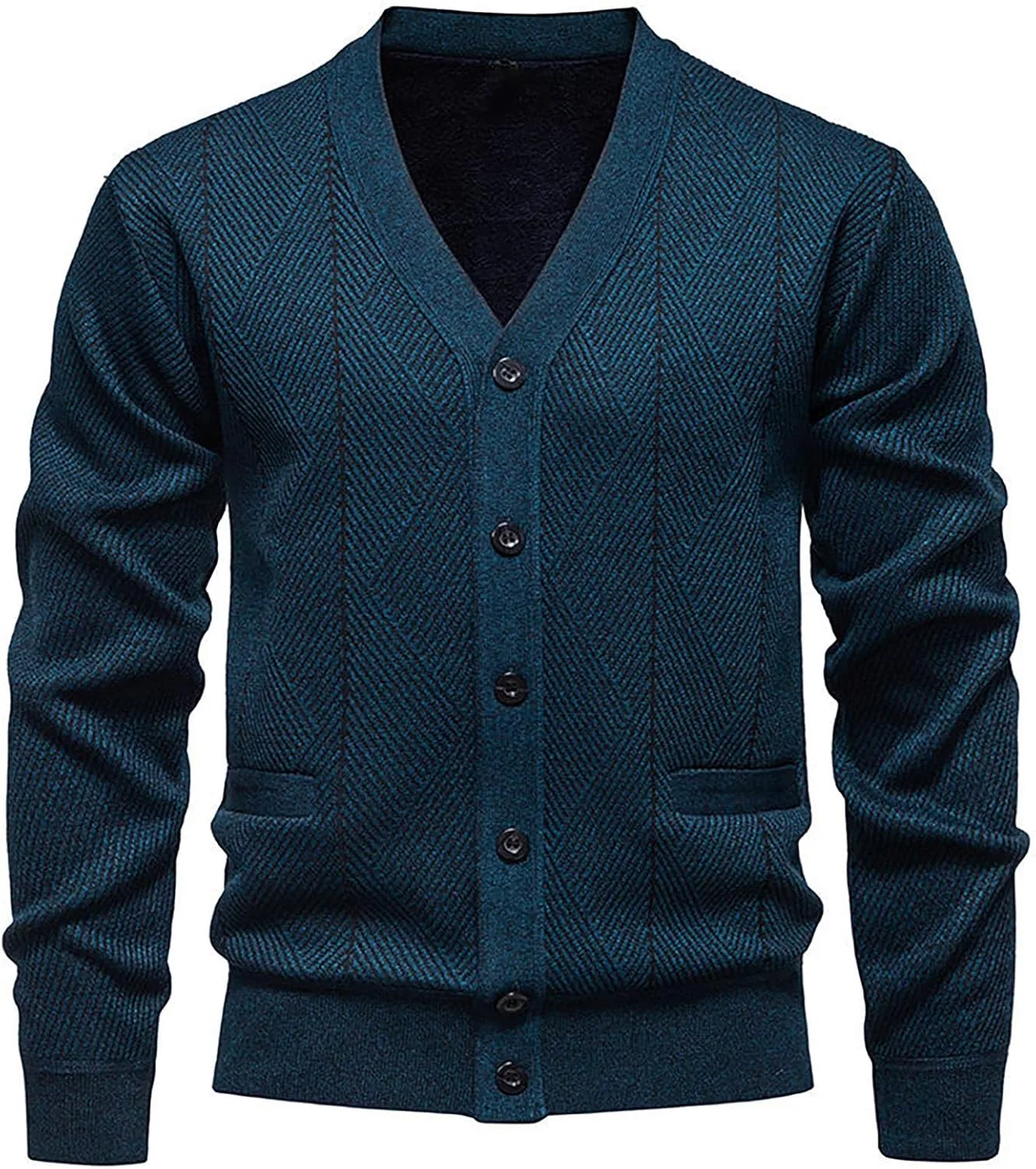 

Мужской кардиган с воротником V-образной формы, кабельной вязкой и пуговицами