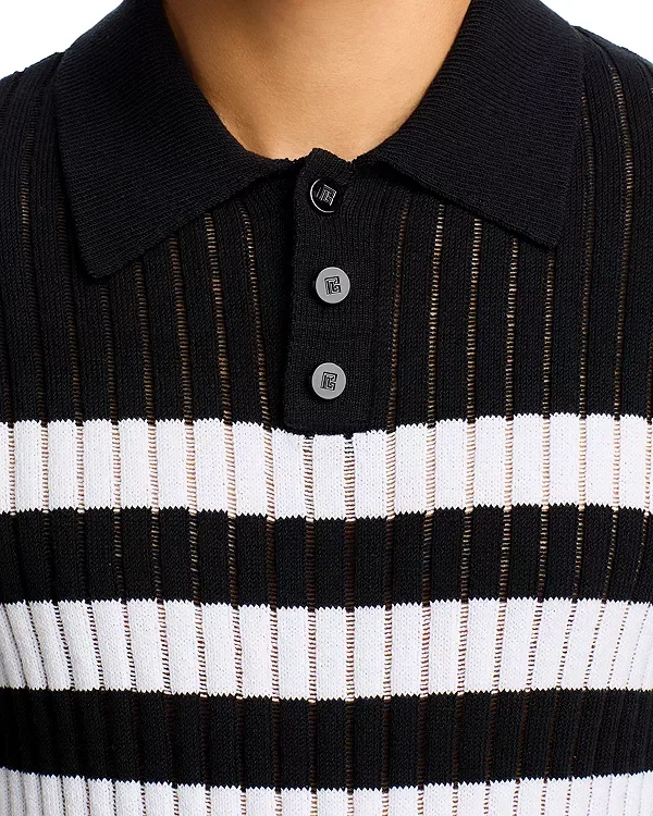 Поло-Свитер Mariniere с коротким рукавом и текстурированной поверхностью Balmain, Black/White — фото 4