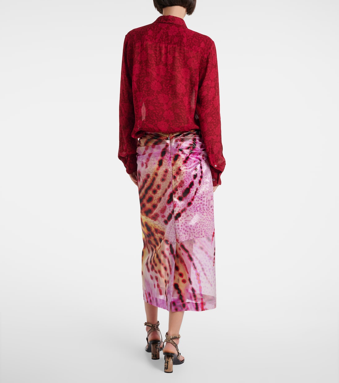 Юбка миди с саамским принтом и сборками Dries Van Noten, фуксия — фото 3