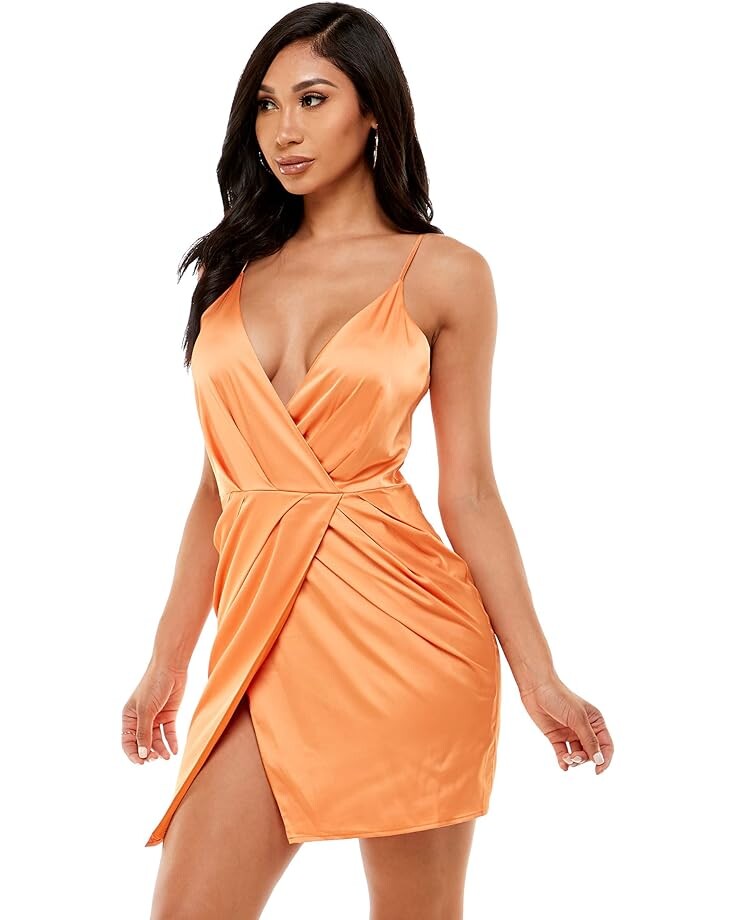 

Платье Bebe Surplice Satin Mini Dress, цвет Amberglow