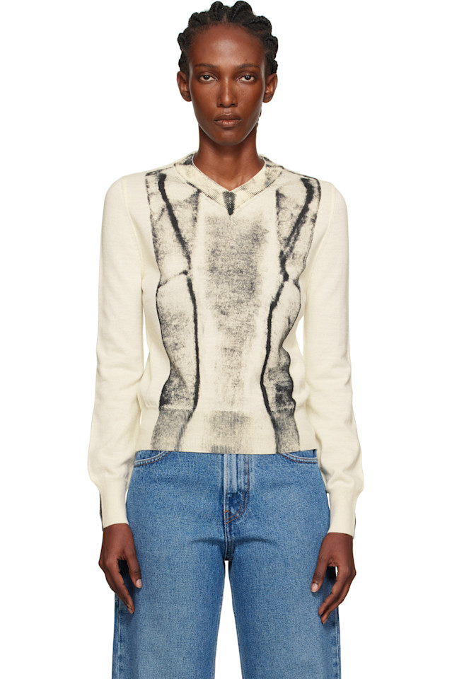 

Mm6 Maison Margiela Свитер Off-White с V-образным вырезом, складной, с принтом, плотность плетения 14