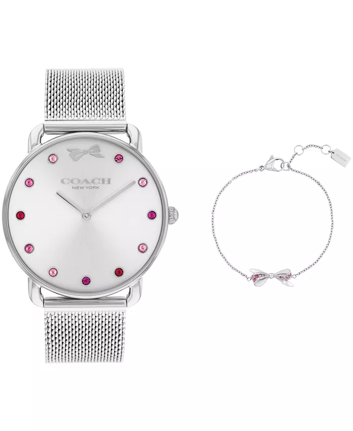 

Женские наручные часы Elliot с серебристым стальным браслетом-сеткой, 36 мм, подарочный набор COACH