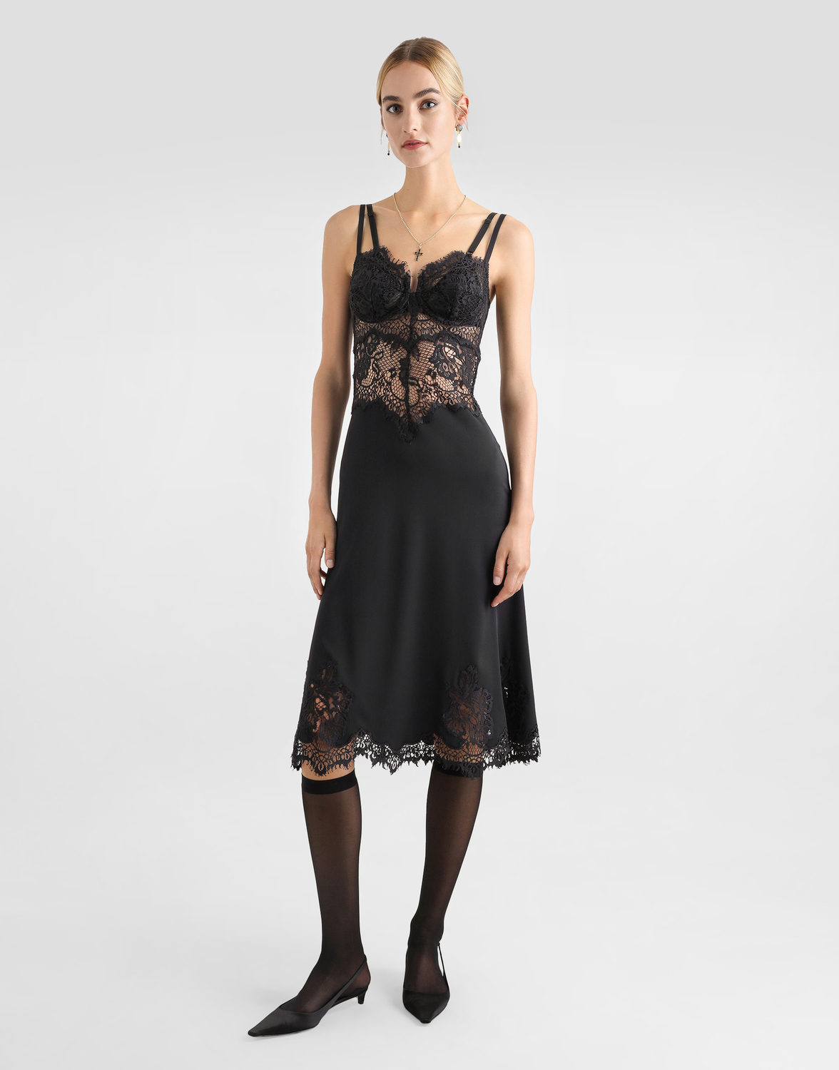 Кружевное и атласное комбинационное платье длиной до середины икры Dolce & Gabbana, черный — фото 2