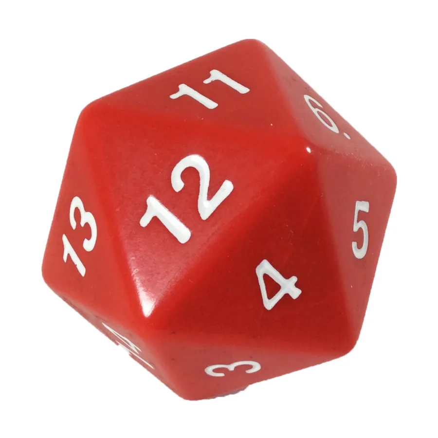 

d20 55 мм — красный с белым (с закруткой вниз), Dice - Jumbo Opaque (Koplow)