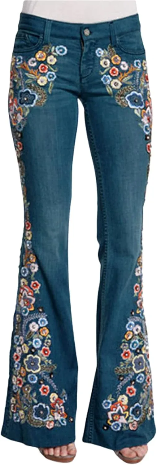 

CHARTOU Женские джинсы Bell Bottom с цветочной вышивкой