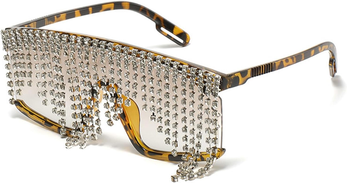 

Солнцезащитные очки Willochra с плоской верхней частью и кисточками, со стразами, бриллиантовые очки для вечеринок, солнцезащитные очки для женщин с защитой от УФ-излучения UV400, Leopard