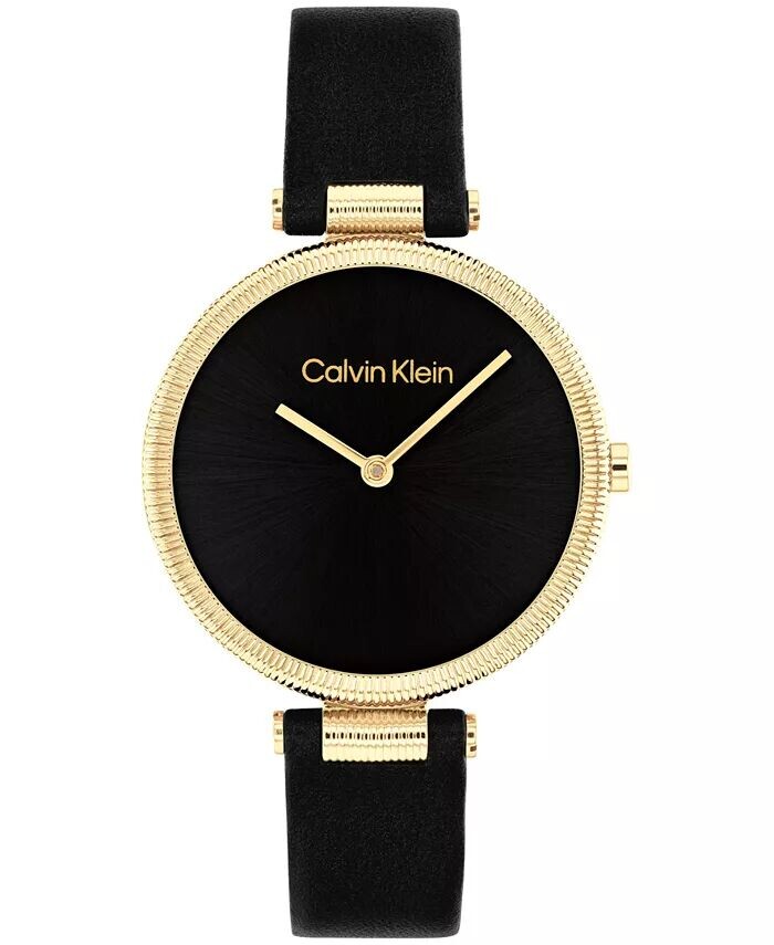 

Женские часы с блестящим черным кожаным ремешком, 32 мм Calvin Klein, черный